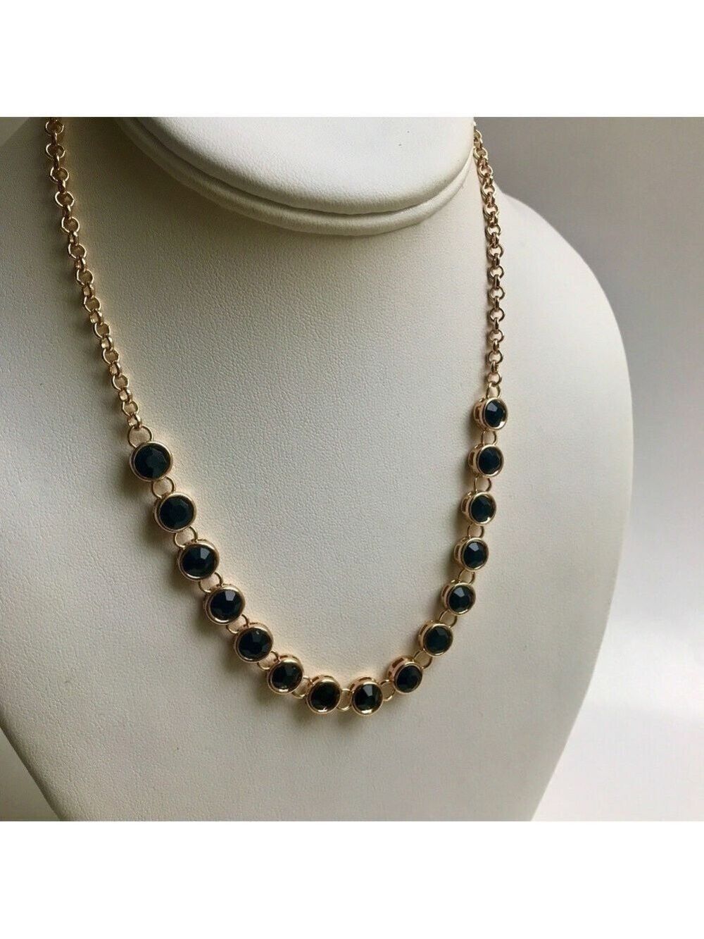 Gold-tone Bezel Set Black Cabochon Necklace 16-19.5"